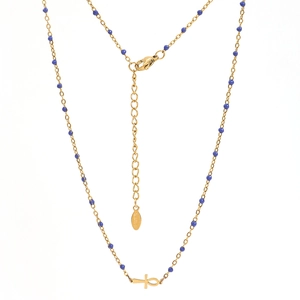 Detail of gold Ankh necklace with blue beads and S.Steel tag on stainless steel chain