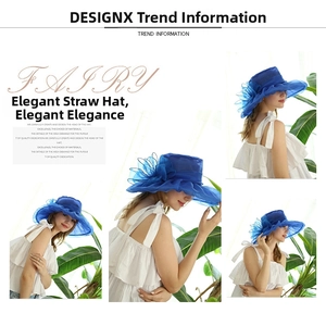 Detail of elegant blue organza sun hat featuring a large decorative floral bow ornament