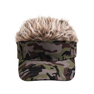 Front view of camouflage baseball cap with realistic brown hair wig on top