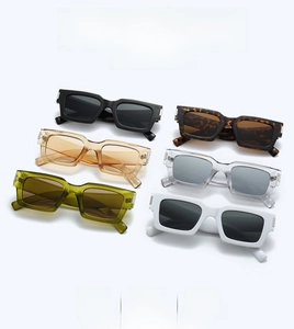 Flat lay display of retro square thick-frame sunglasses in six diverse stylish colors