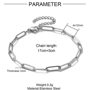 Silver stainless steel paperclip chain bracelet with dimensions 4x12mm and 17+5cm length