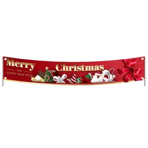 Festive red Merry Christmas and Happy New Year banner with Santa and holiday elements