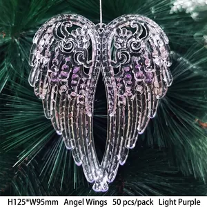 Detail showing 125x95mm transparent purple angel wing pendant on a Christmas tree