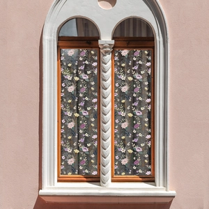 Floral vine static window film with small purple and pink flowers on arch window decor