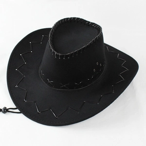 Chapeau de cowboy en daim noir avec surpiqûres tressées et cordon réglable