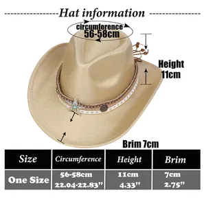 Guide des tailles pour chapeau de cowboy indiquant 56-58cm de tour et 11cm de hauteur