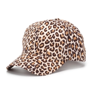 Detailed view of the six-panel crown and top button on a leopard print baseball cap