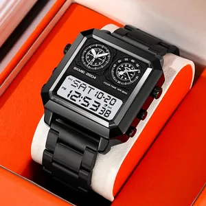 Black stainless steel square digital dual-display sports watch with 30m water resistance