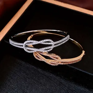 Bracelet Jonc À Nœud Pour Femme Cuivre Plaqué Or 18K Pavé Zircone Cubique Design Infini Creux Bijoux Luxe