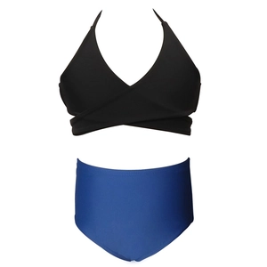 Zweiteiliger Mädchen-Badeanzug mit schwarzem Neckholder-Top und marineblauer High-Waist-Hose