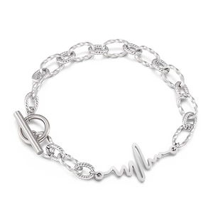 Retro silver lifeline bracelet with unique OT buckle closure and textured chain links