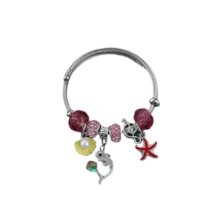 Bohemian silver beaded dolphin bracelet with sea shell pearls and red charms