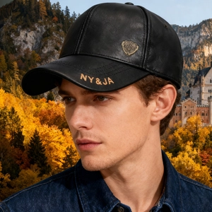 Men's thermal leather baseball cap in black with gold NY embroidery and metal shield badge