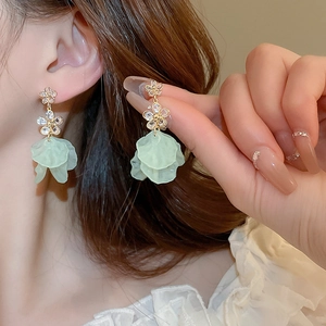 Gros plan de boucles d'oreilles fleurs vert clair avec strass sur le modèle