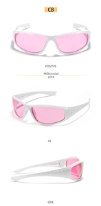 Three-angle view of Y2K white frame sports sunglasses with trendy pink lenses