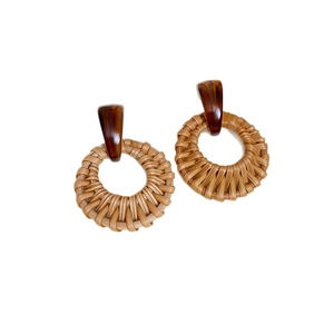 Bohemian round rattan hoop earrings with brown resin accents for summer beach beachwear