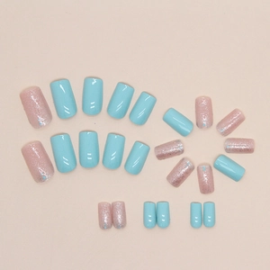 Lake blue and glitter orange square press-on nails set with glossy finish for summer