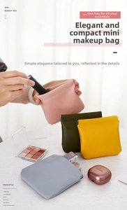 Mini PU leather pouches in pink, green, yellow, and grey for lipstick and earphones