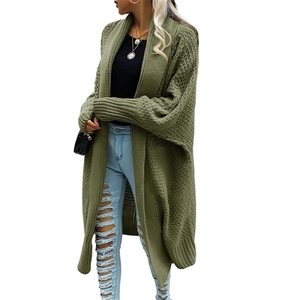Detail of army green chunky knit cardigan with batwing sleeves and ribbed cuffs
