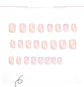 Detailed set of 24 press-on nails with white daisies and purple French tip designs