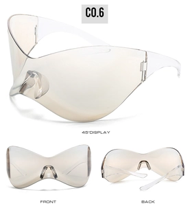 Three-way view of champagne oversized wrap-around sunglasses with rimless Y2K design