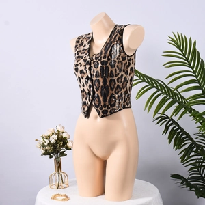 Detail shot of leopard print sequin vest showing the V-neck and metallic buttons