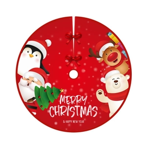 Round red 122cm Christmas tree skirt featuring cartoon Santa Claus and reindeer print