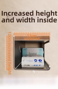 Detailed view of grey wall-mounted tissue box with 12cm widened internal storage space