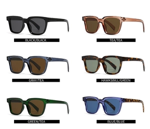 Selection of classic square frame sunglasses in six vibrant colors with matching lenses