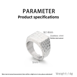 Detail of silver hammered texture stainless steel signet ring with 14mm top width