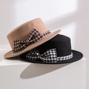 Chapeau Fédora en Laine Australienne Rétro pour Femmes Canotier Élégant Avec Ruban Nœud Pied-de-poule Style Britannique