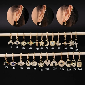 Gold Plated Copper Huggie Hoop Earrings Pave Zircon Dangle Charms Evil Eye Moon Star Bee Bohemian Trendy Jewelry For Women