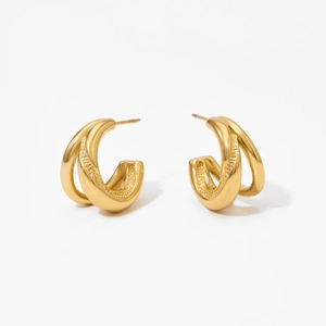 Boucles d'oreilles créoles C géométriques double épaisseur en acier inoxydable doré
