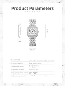 Guide des dimensions pour montre carrée à strass avec aiguilles bleues et quartz
