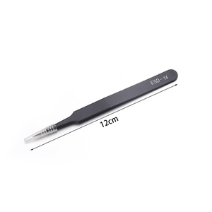 Detail of 12cm ESD-14 black stainless steel tweezers with protective tip cover