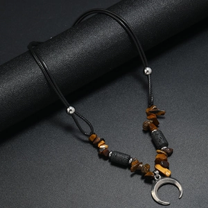 Bohemian men's necklace with silver crescent moon pendant and volcanic stone beads
