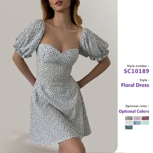 Robe Courte Fleurie Française Pour Femmes Polyester Manches Bouffantes Col Carré Dos Nu À Lacets Été Élégant