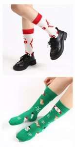 Detail view of festive Christmas crew socks featuring Santa and reindeer knit patterns