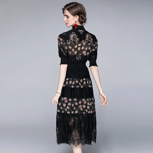 Elegant tiered black lace dress with stand collar and slimming waist for a vintage chic look