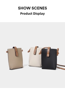 Detailed view of three minimalist leather crossbody phone bags in khaki, cream, and black