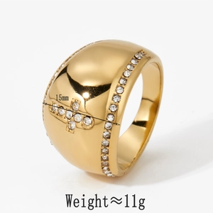 Detail view of 15mm wide gold irregular ring with inlaid rhinestones and 11g weight