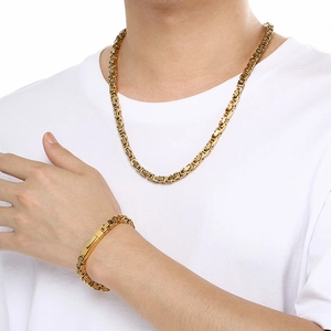 Set collana e bracciale da uomo con catena bizantina placcata in oro 18k 8mm