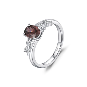 S925 sterling silver vintage ring with dark reddish-brown gemstone and zircon accents