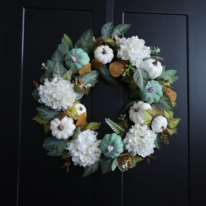 Artificial Autumn Wreath White Pumpkins Hydrangeas Maple Leaves Front Door Thanksgiving Halloween Decor