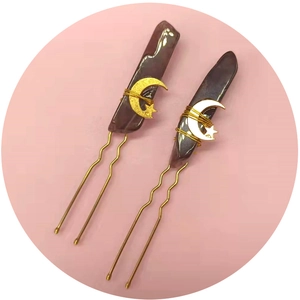 Handmade amethyst crystal hair pins with gold wire wrap and celestial star moon charms