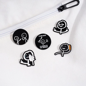 Five-piece black and white enamel stick figure pins with funny meme designs on white bag