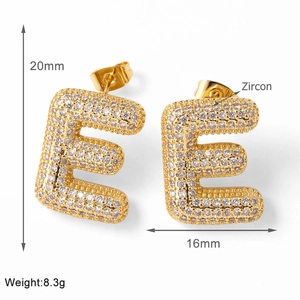 Close-up of gold letter E earrings with full zircon stones showing 20mm height detail