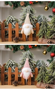 Detail of knit Christmas gnomes in beige and pink colors with starry hanging loops