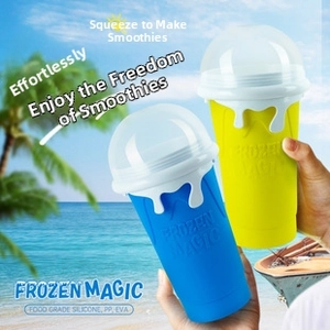 Detail of 500ml slushy maker cups in blue and lime green with food-grade silicone texture