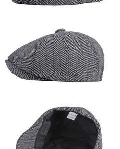 Detail view of herringbone newsboy cap showing grey wool texture and interior cotton lining